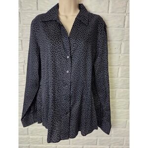 Foxcroft Top Womens 18 Button Up Fitted long sleeve Black w/white dots Blouse